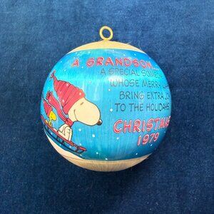 Vintage Peanuts Snoopy 1979 Satin Ball Christmas Ornament Woodstock Blue Son
